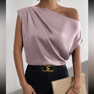 Ruched  mauve purple asymmetrical neck blouse